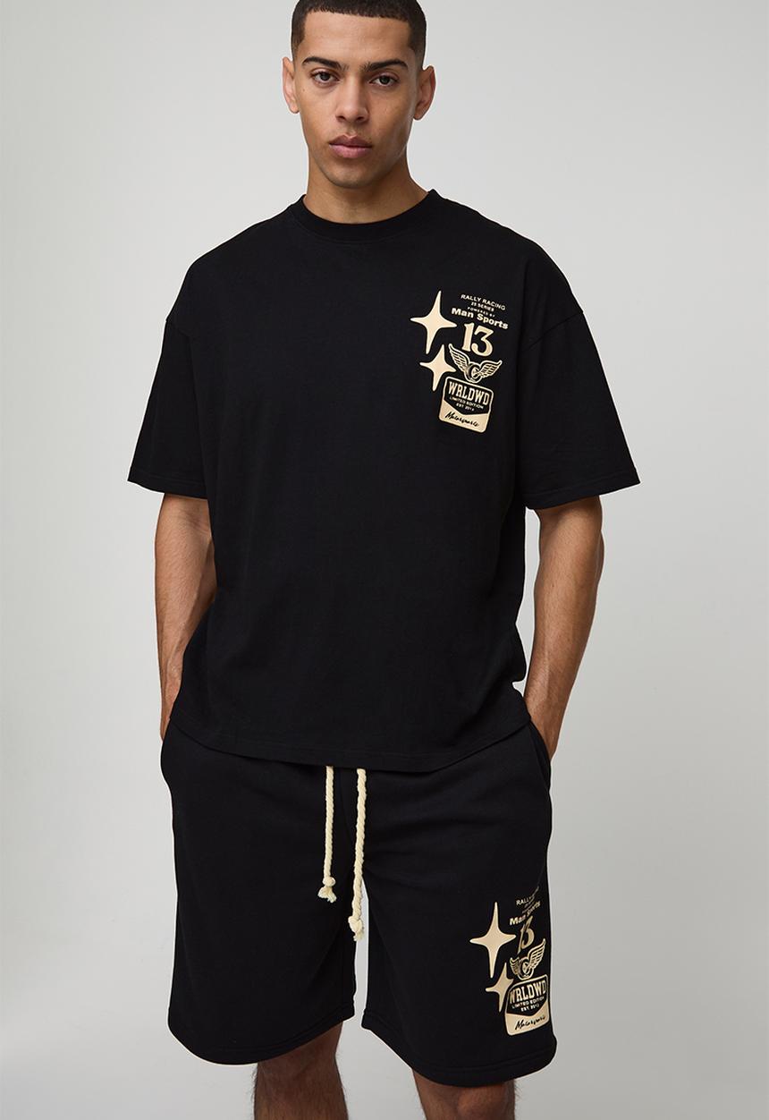 boohooMAN - Oversized Moto Graphic T-Shirt & Short Set - black