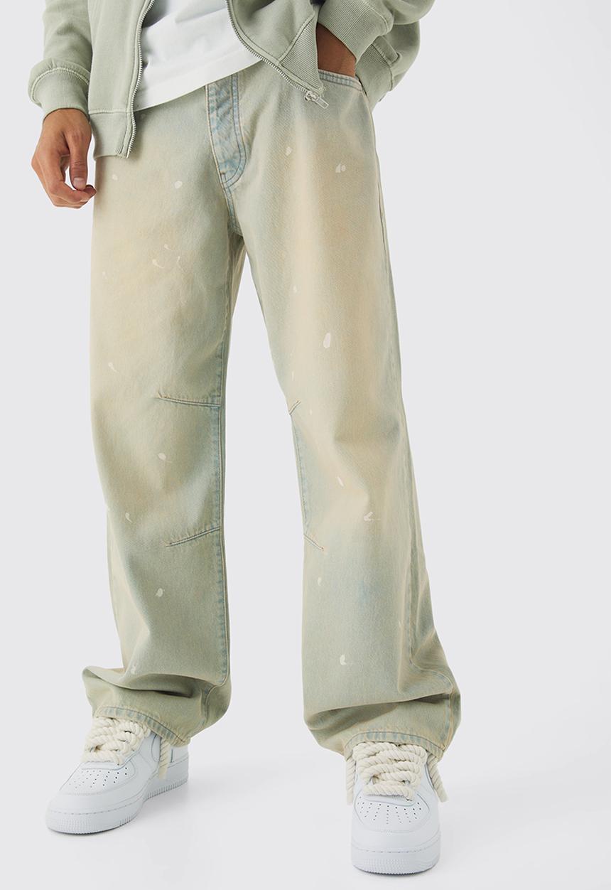 boohooMAN - Relaxed Rigid Paint Splatter Denim Jeans - Ecru