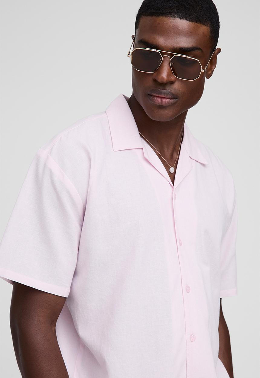 boohooMAN - Oversized Revere Linen Short Sleeve Shirt - Baby Pink