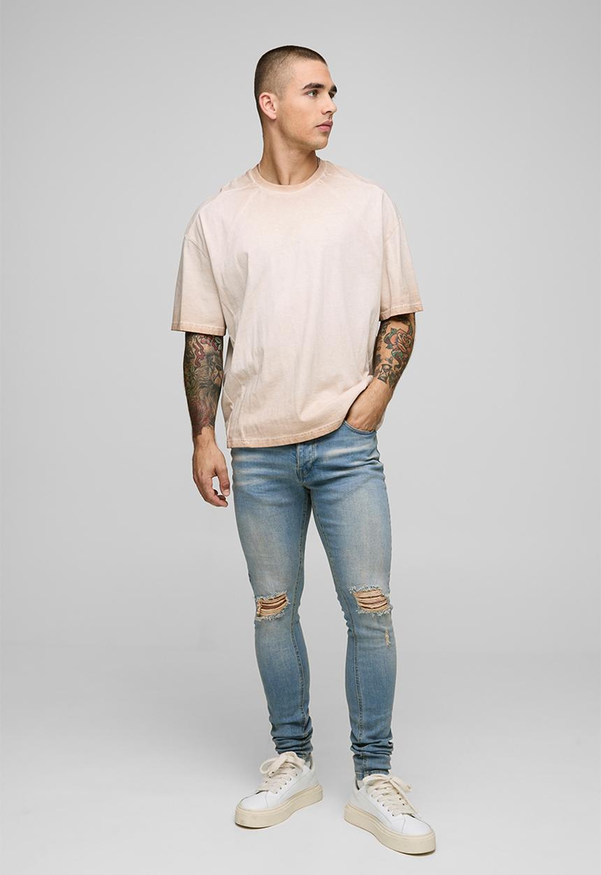 boohooMAN - Super Skinny Washed Ripped Knee Jeans - Antique Blue