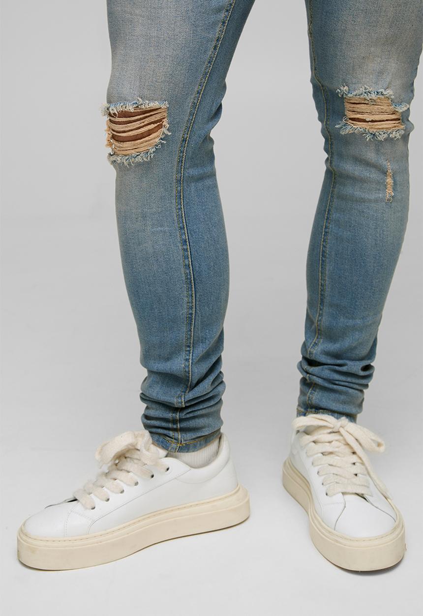 boohooMAN - Super Skinny Washed Ripped Knee Jeans - Antique Blue