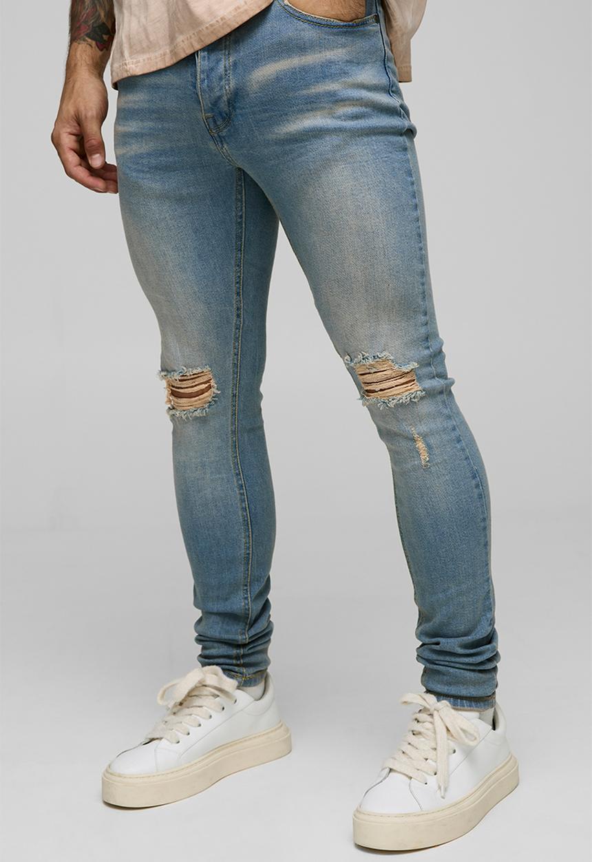 boohooMAN - Super Skinny Washed Ripped Knee Jeans - Antique Blue