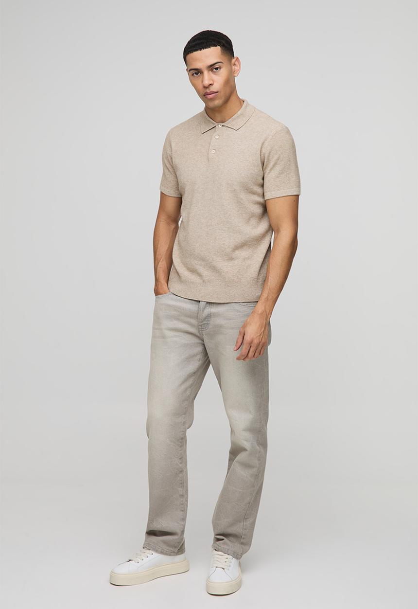 boohooMAN - Regular Fit Button Up Knitted Polo - Taupe