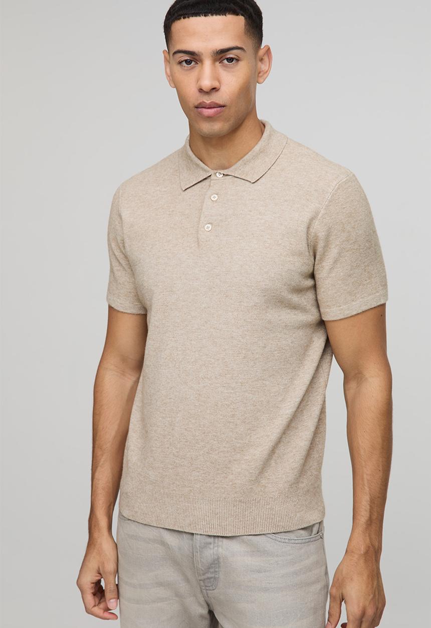 boohooMAN - Regular Fit Button Up Knitted Polo - Taupe
