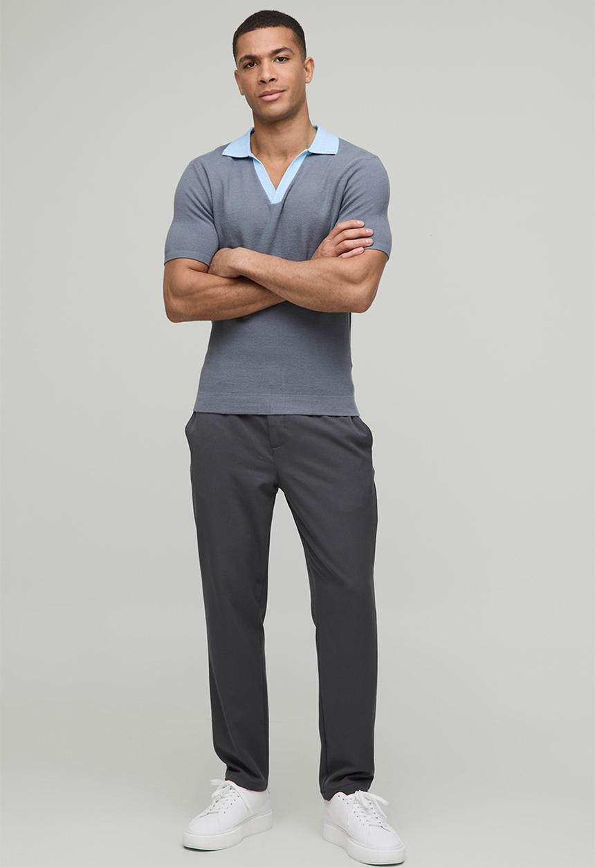 boohooMAN - Muscle Fit Contrast Collar Knitted Polo - Slate Blue