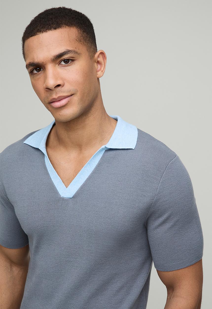 boohooMAN - Muscle Fit Contrast Collar Knitted Polo - Slate Blue