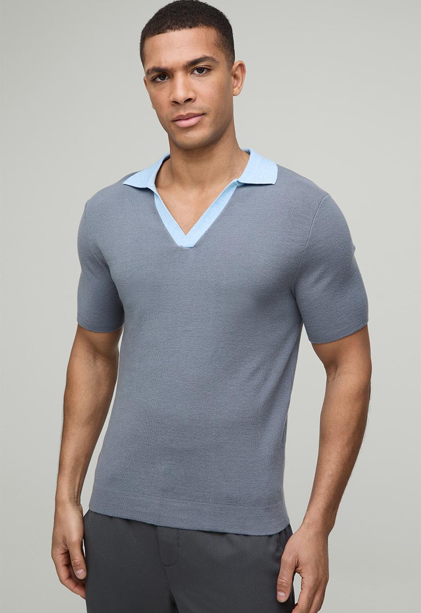boohooMAN - Muscle Fit Contrast Collar Knitted Polo - Slate Blue