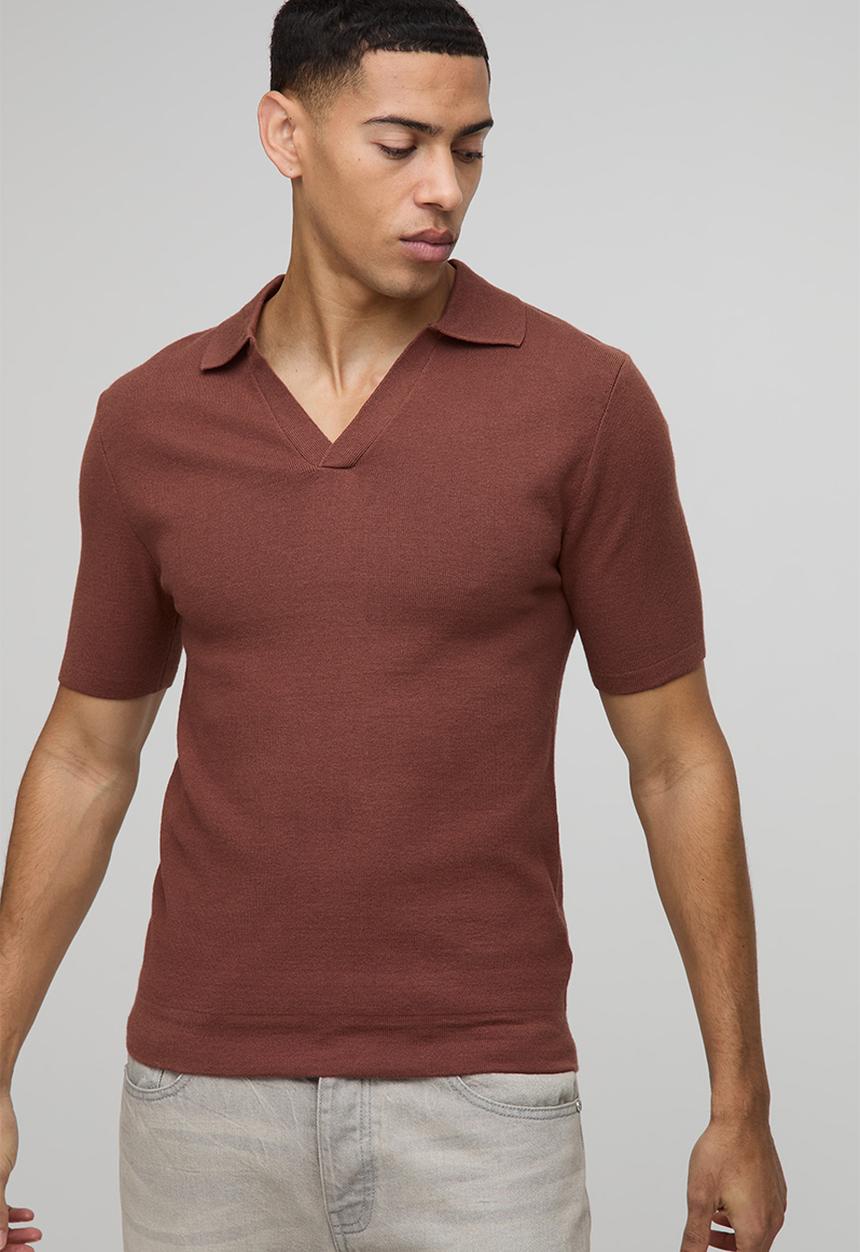 boohooMAN - Muscle Fit Revere Collar Knitted Polo - Dark Red