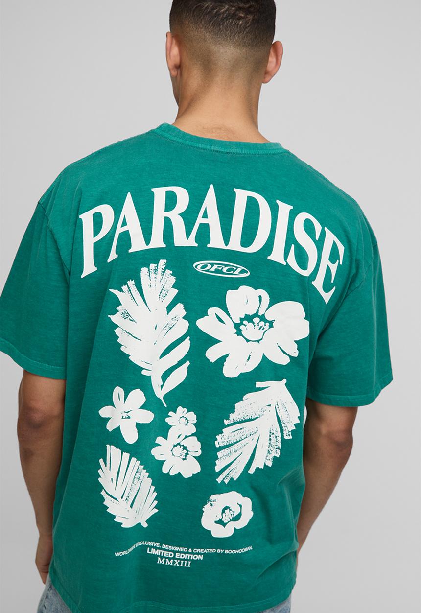 boohooMAN - Oversized Paradise Floral Print Washed T-shirt - Forest