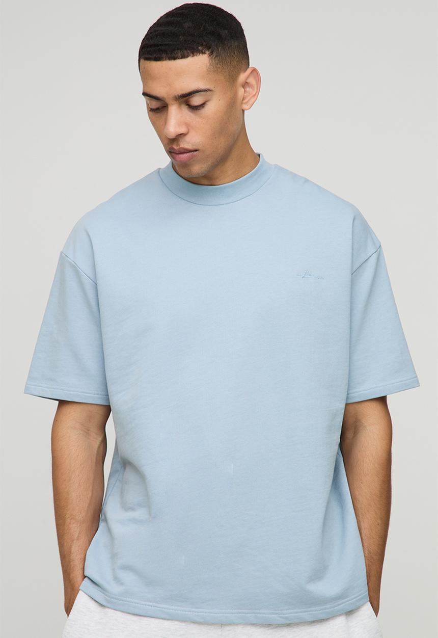 boohooMAN - Oversized Extended Neck BM Signature Heavyweight T-shirt - Powder Blue