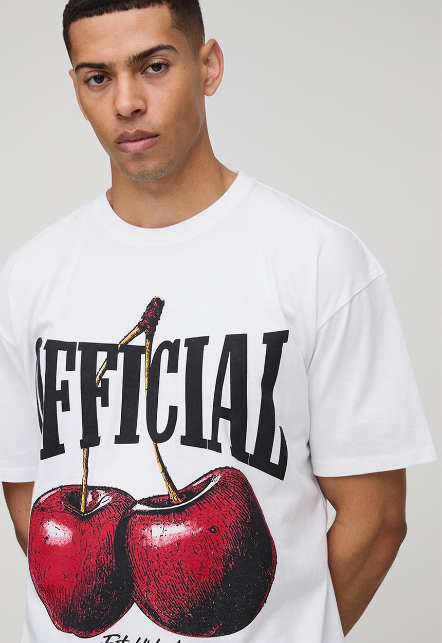 boohooMAN - Oversized Official Cherry Printed T-Shirt - White