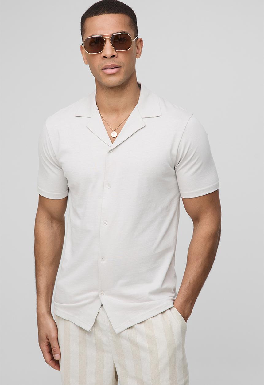 boohooMAN - Slim Fit Jersey Short Sleeve Revere Shirt - Light Grey