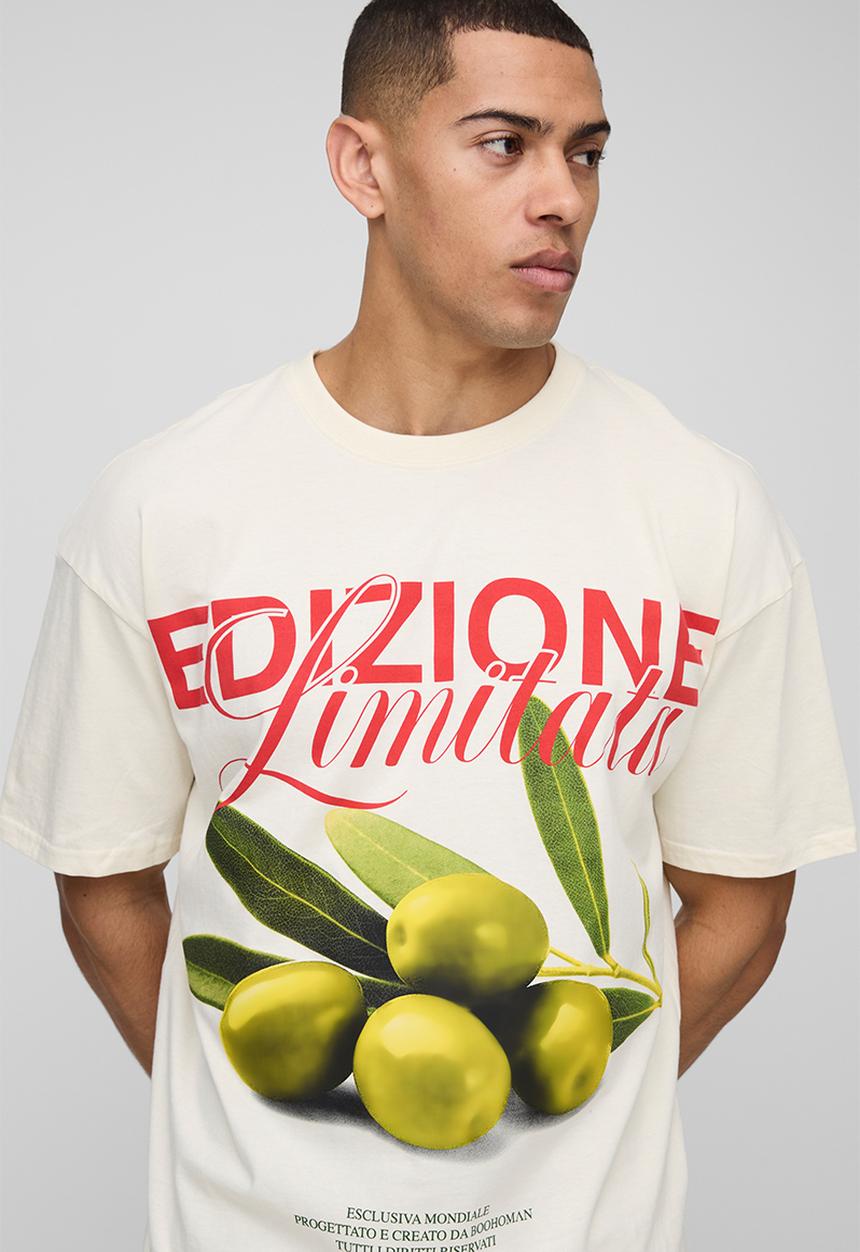 boohooMAN - Oversized Olive Print T-Shirt - Ecru