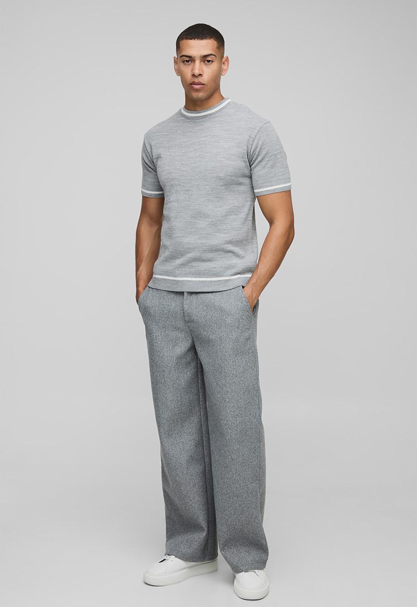 boohooMAN - Regular Fit Knitted T-Shirt With Tipping - Grey