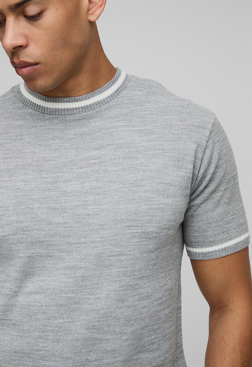 boohooMAN - Regular Fit Knitted T-Shirt With Tipping - Grey