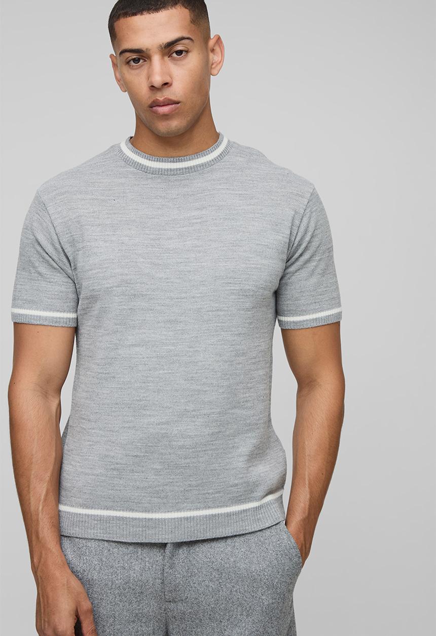 boohooMAN - Regular Fit Knitted T-Shirt With Tipping - Grey