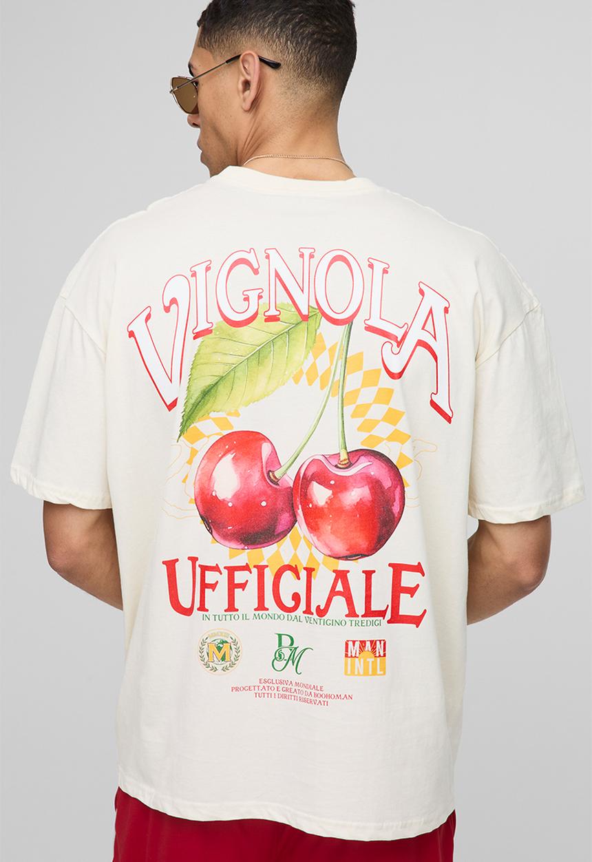 boohooMAN - Oversized Vignola Cherry Print T-Shirt - ecru