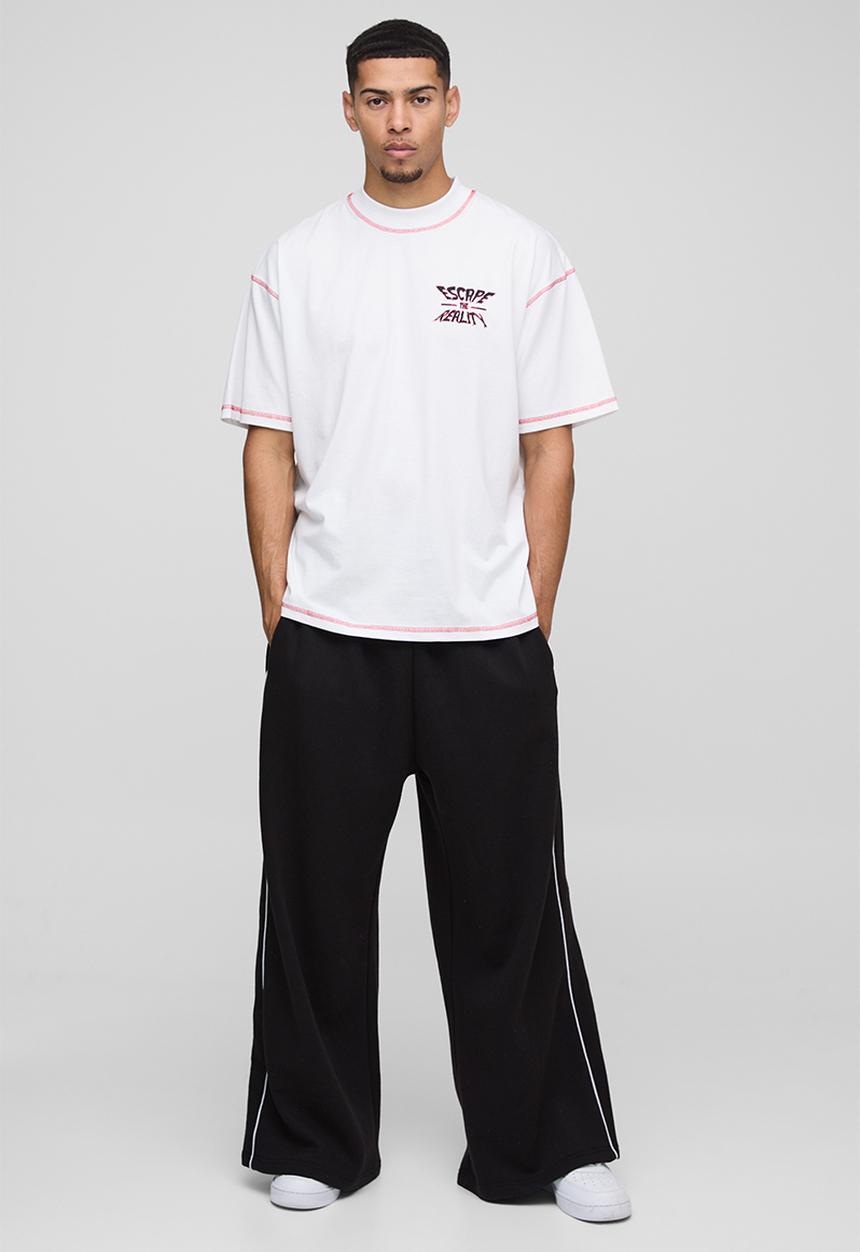boohooMAN - Oversized Extended Neck Contrast Stitch Graphic Print Tee - White
