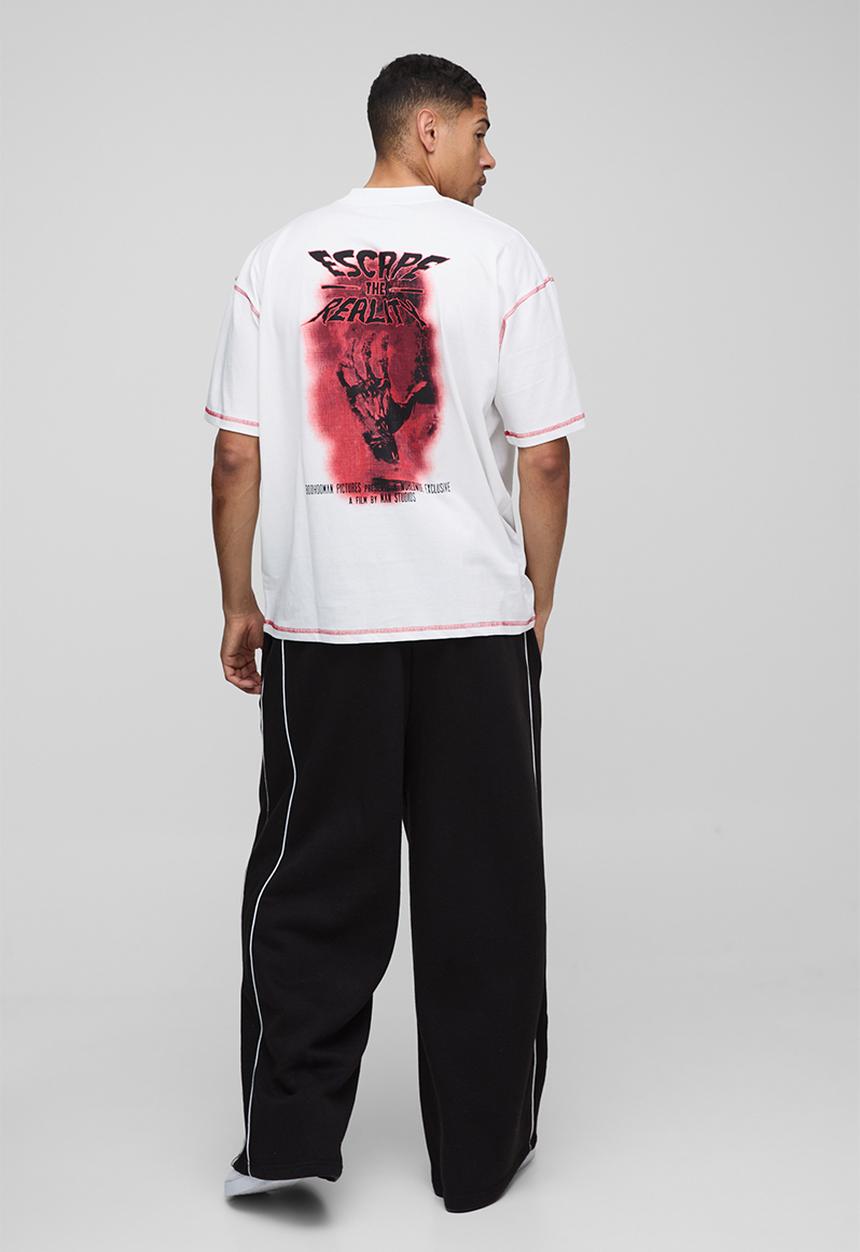 boohooMAN - Oversized Extended Neck Contrast Stitch Graphic Print Tee - White
