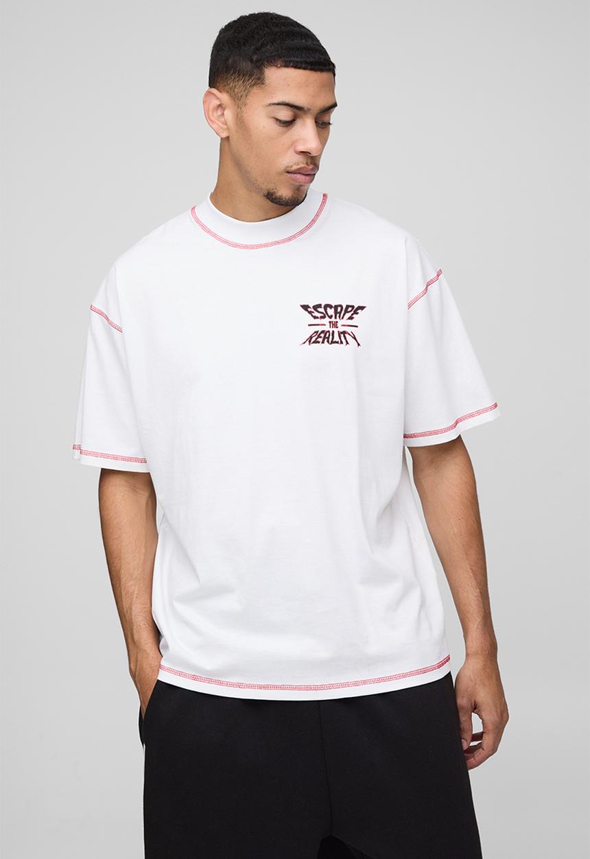 boohooMAN - Oversized Extended Neck Contrast Stitch Graphic Print Tee - White