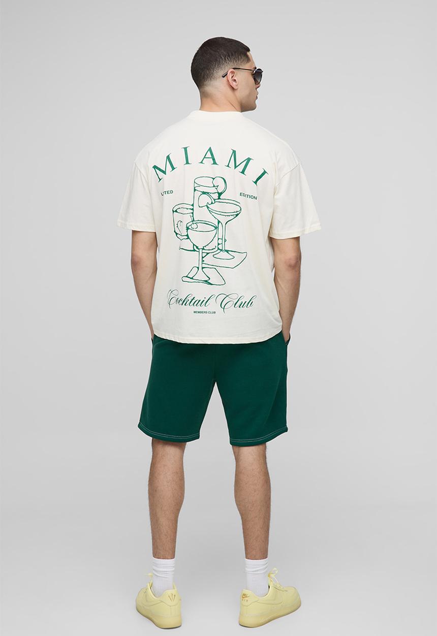 boohooMAN - Oversized Extended Neck Miami Cocktail Club T-shirt - Ecru