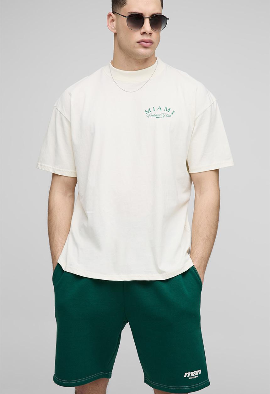 boohooMAN - Oversized Extended Neck Miami Cocktail Club T-shirt - Ecru