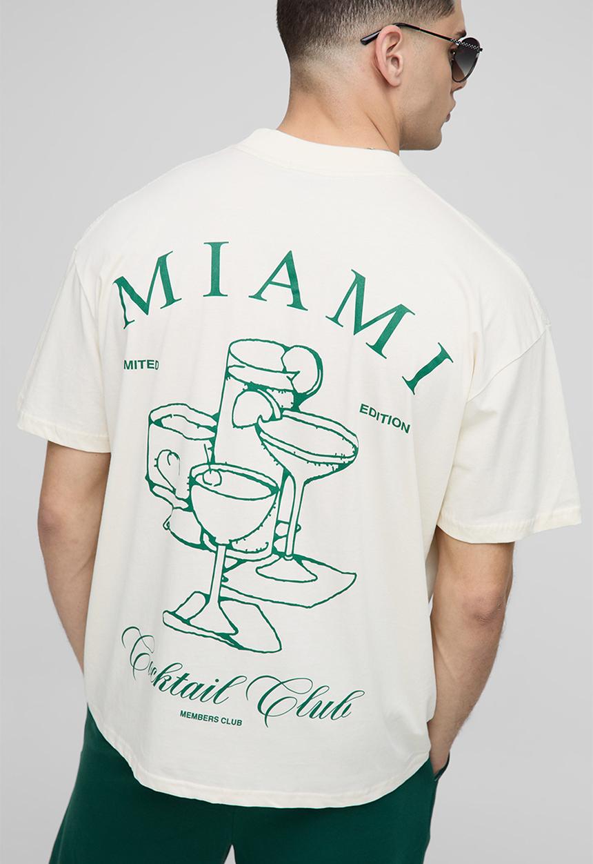 boohooMAN - Oversized Extended Neck Miami Cocktail Club T-shirt - Ecru