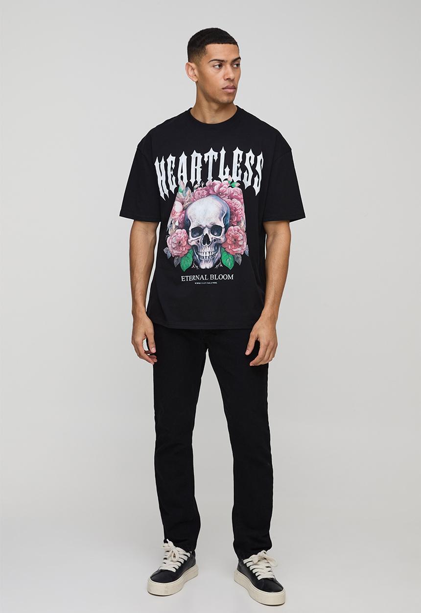 boohooMAN - Oversized Heartless Floral Skull Graphic T-Shirt - Black