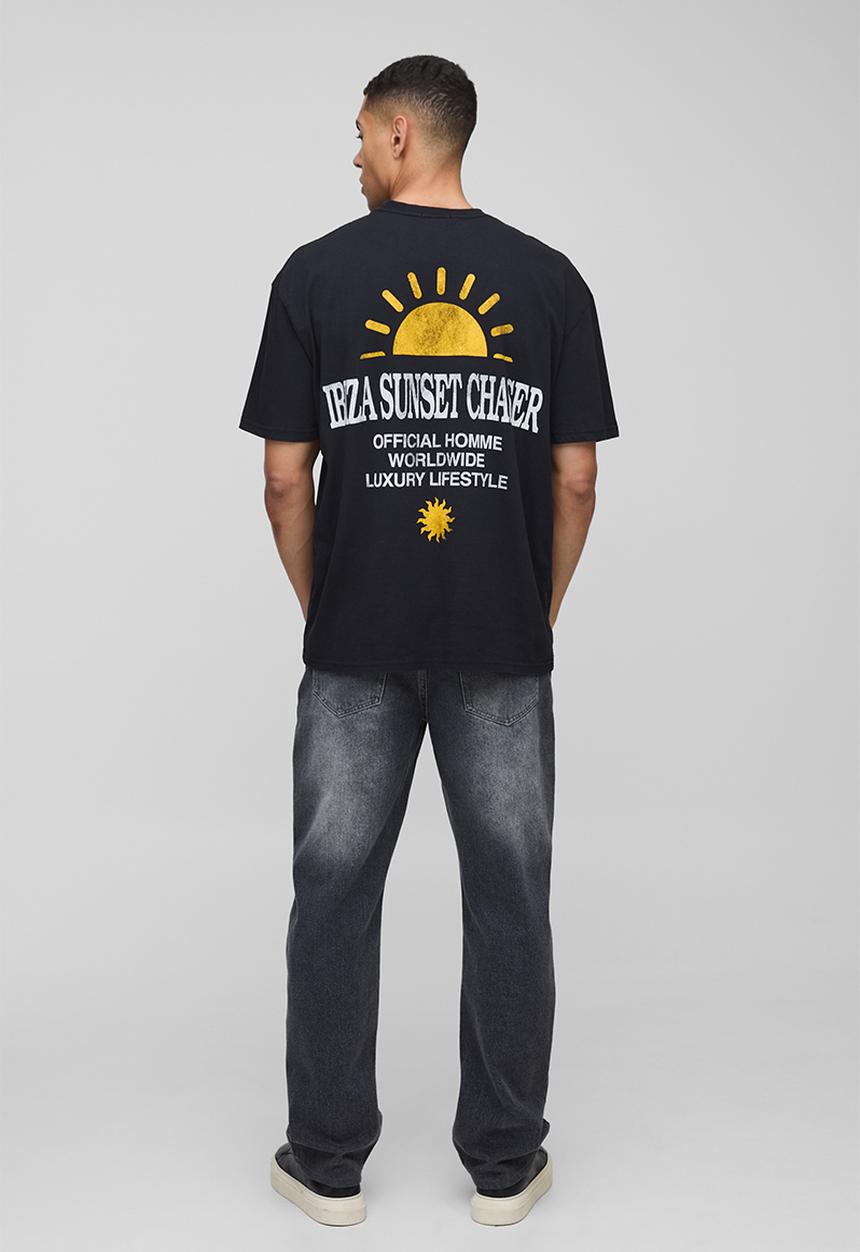 boohooMAN - Oversized Ibiza Sunset Chaser Graphic T-Shirt - Black