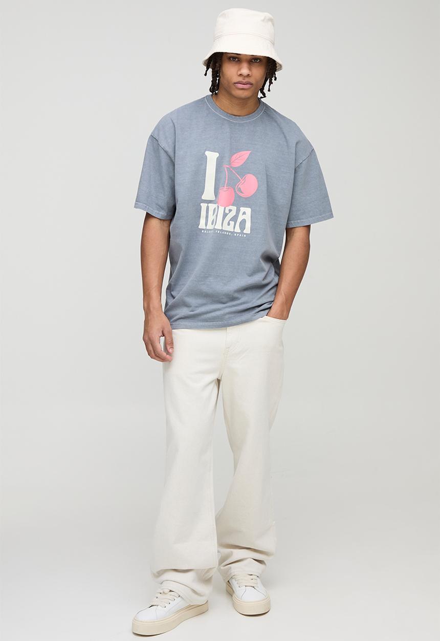 boohooMAN - Oversized Ibiza Cherry Washed Printed T-Shirt - grey
