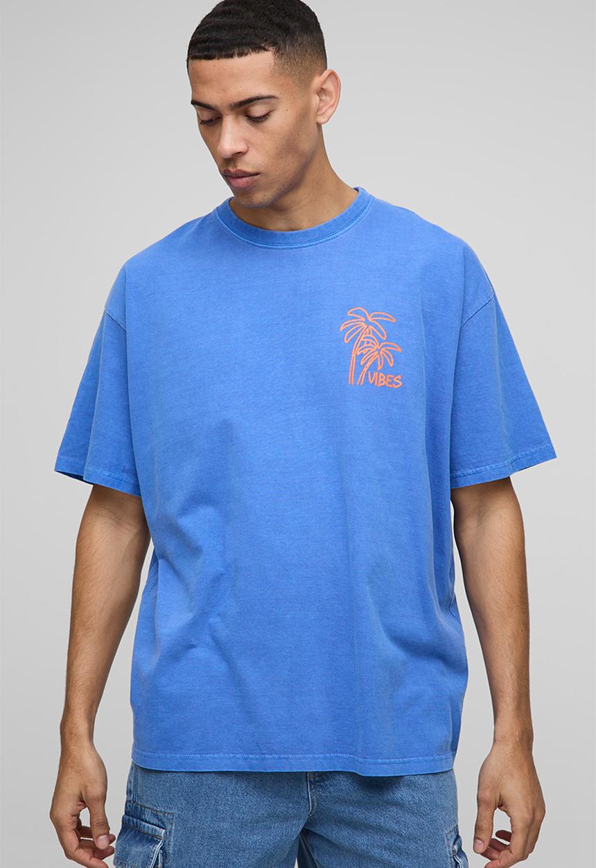 boohooMAN - Oversized Good Vibes Only Washed Printed T-shirt - blue