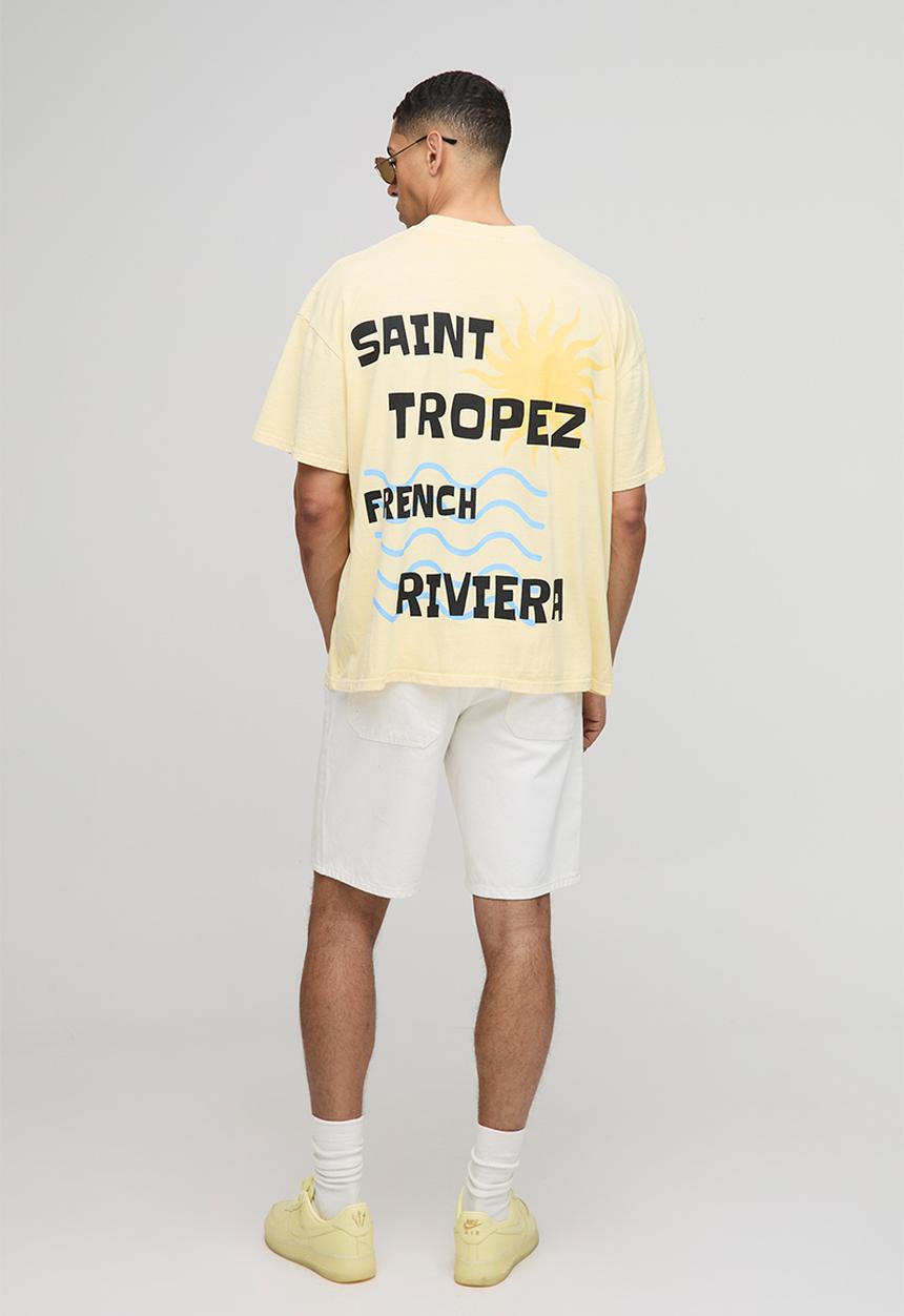 boohooMAN - Oversized Extended Neck Washed Saint Tropez Graphic T-Shirt - Lemon