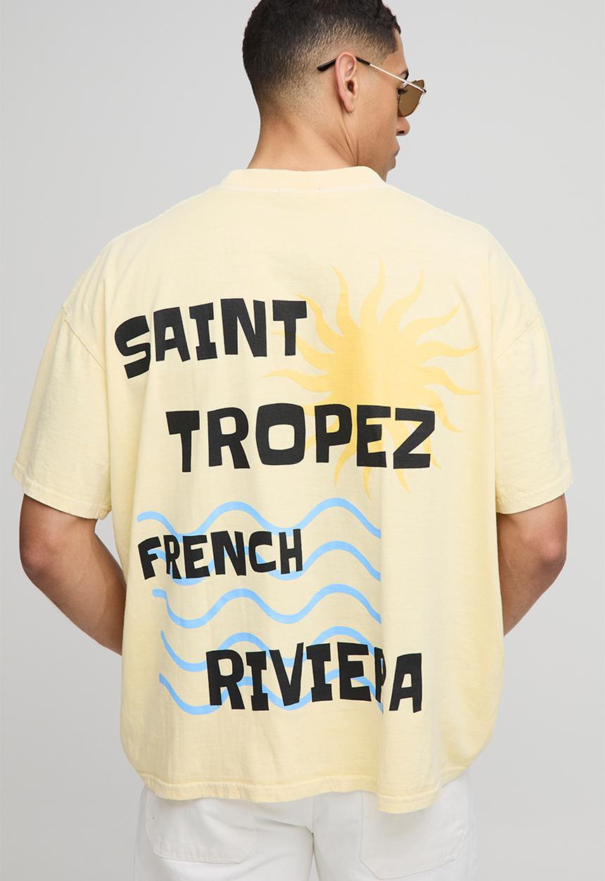 boohooMAN - Oversized Extended Neck Washed Saint Tropez Graphic T-Shirt - Lemon