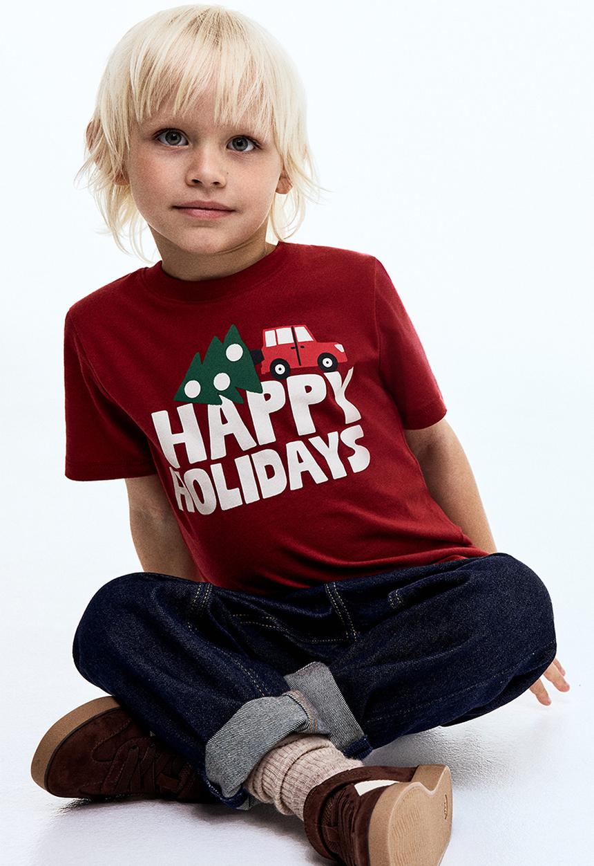 H&M - Printed T-shirt - red/happy holidays