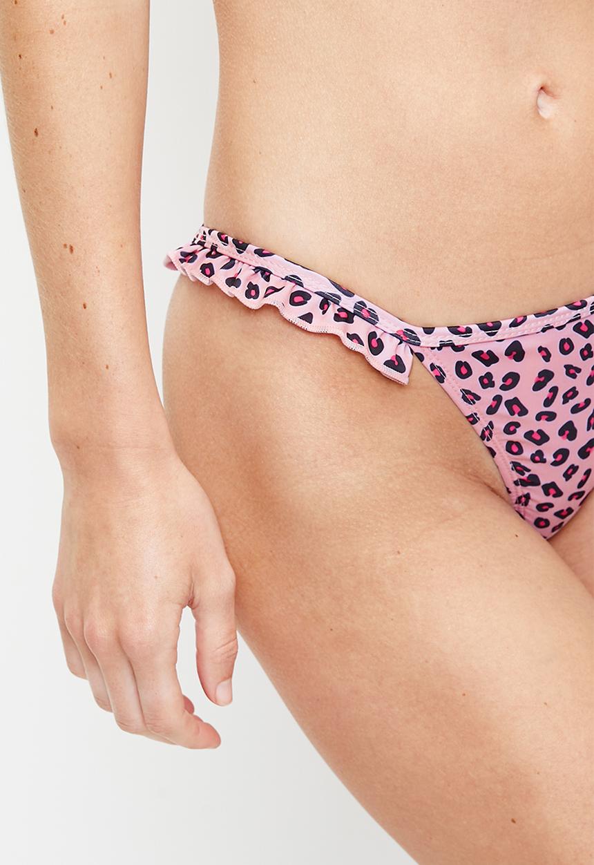 Brave Soul - Ladies Printed Hipster Bikini BottomWith Frilled Trim - Pink/Black Leopard