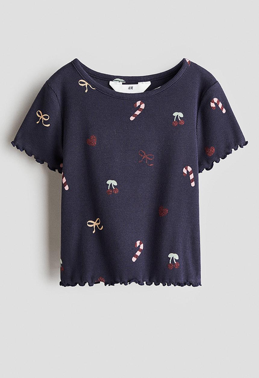 H&M - Ribbed cotton jersey top - navy blue/candy canes