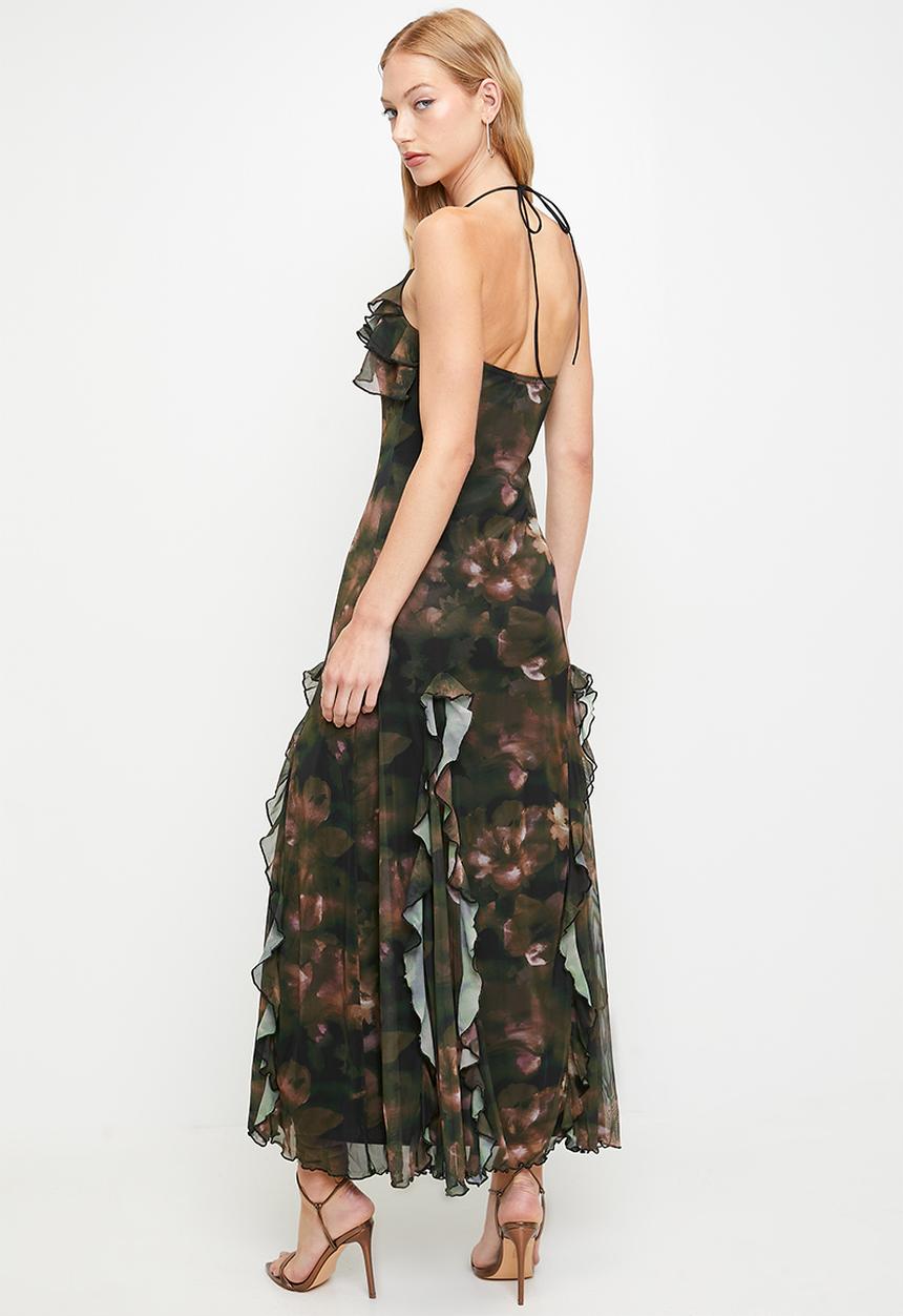 boohoo - Floral ruffle printed mesh maxi dress - olive