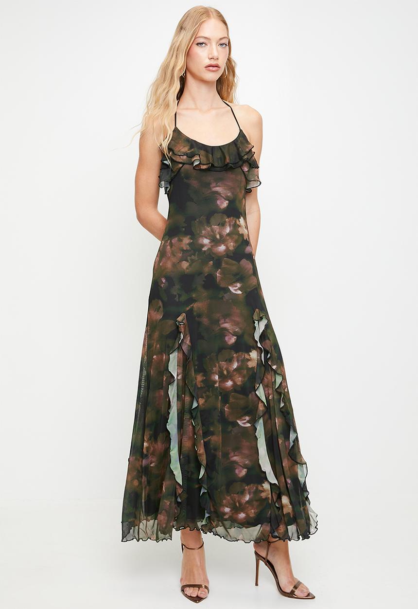 boohoo - Floral ruffle printed mesh maxi dress - olive