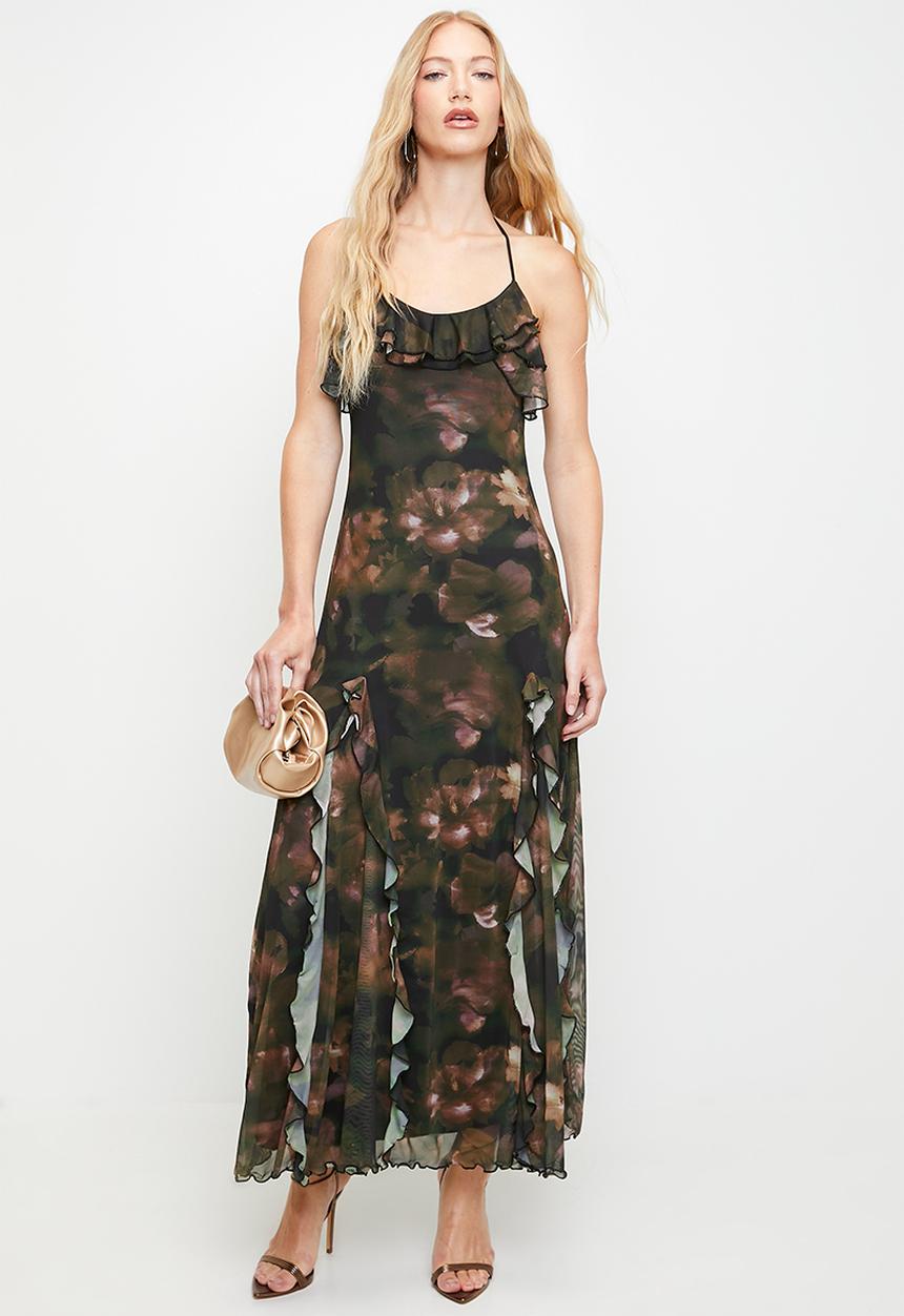 boohoo - Floral ruffle printed mesh maxi dress - olive