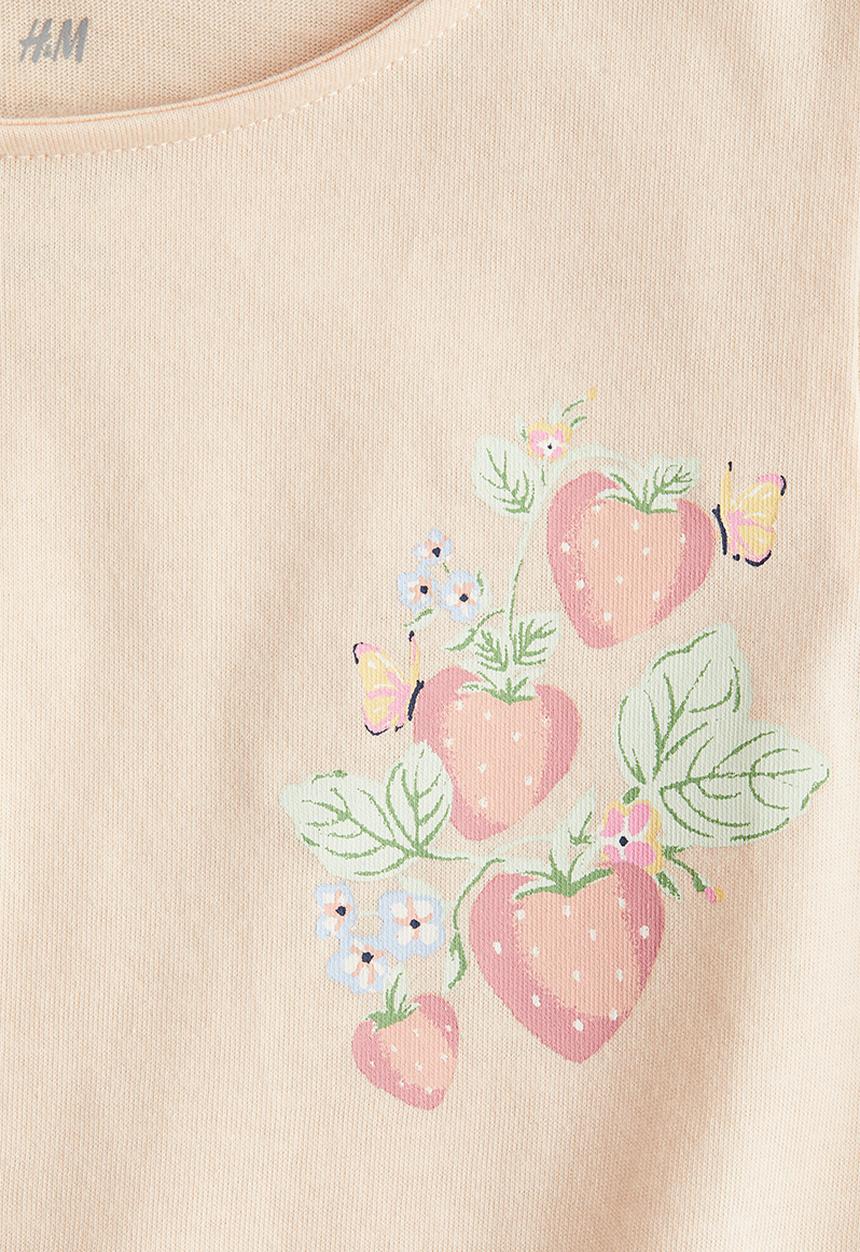 H&M - Flutter-sleeved cotton top - light pink strawberries