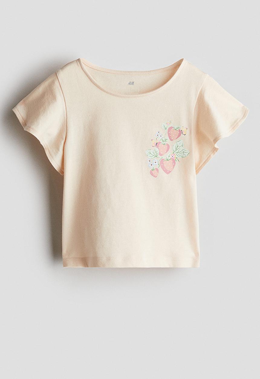 H&M - Flutter-sleeved cotton top - light pink strawberries