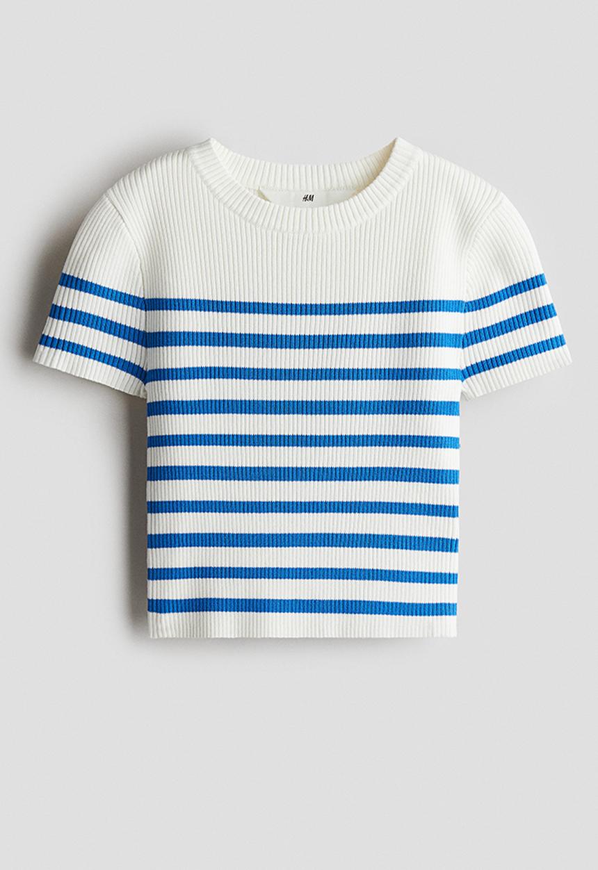 H&M - Short rib-knit top - white/blue striped