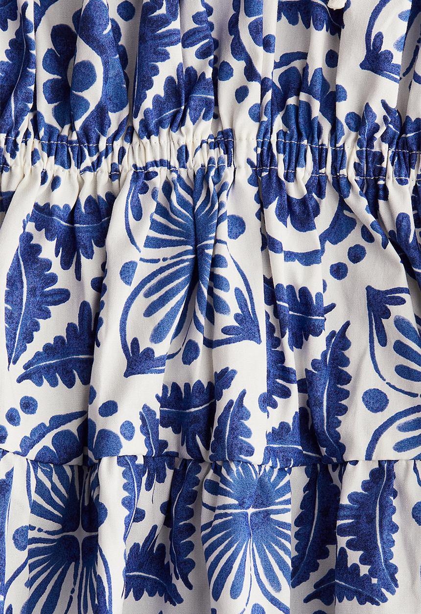 H&M - Drawstring-detail poplin dress - white & blue patterned