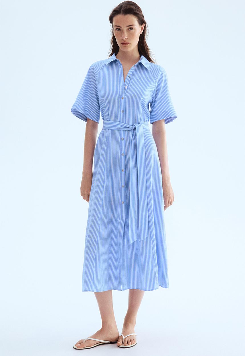 H&M - Tie-belt shirt dress - light blue/striped