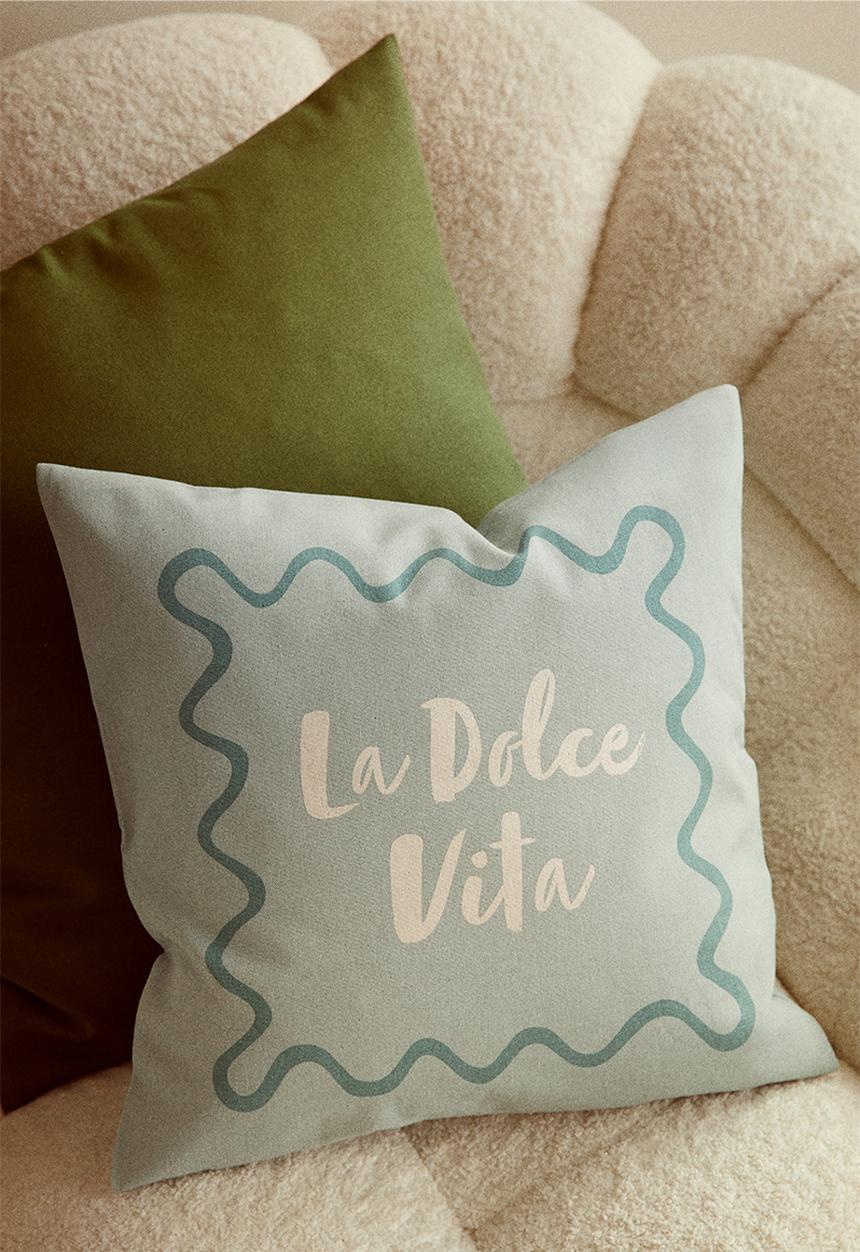 H&M - Printed cotton cushion cover - light turquoise/la dolce vita