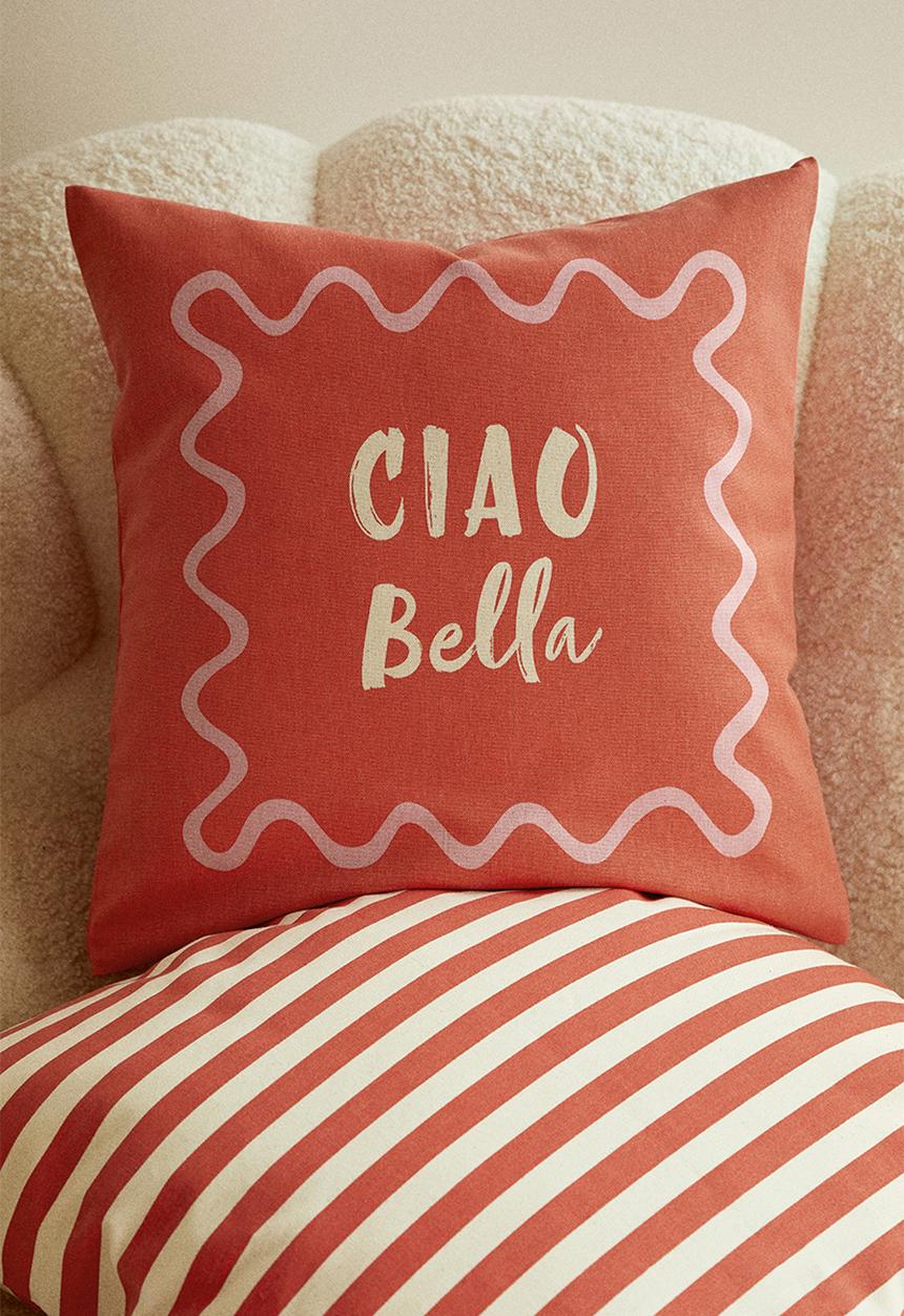 H&M - Printed cotton cushion cover - coral red/ciao bella