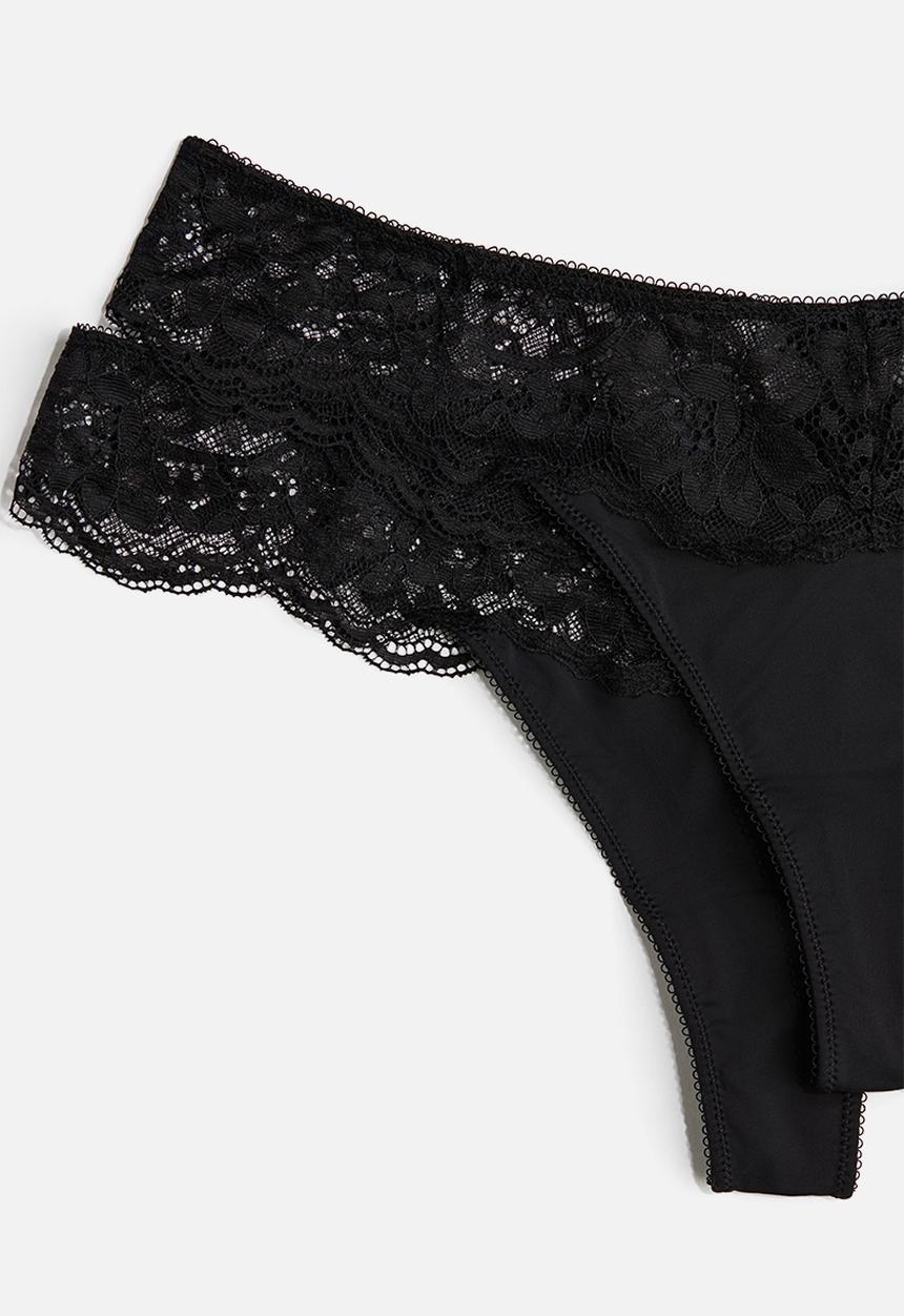 H&M - 2-pack microfibre and lace thong briefs - black