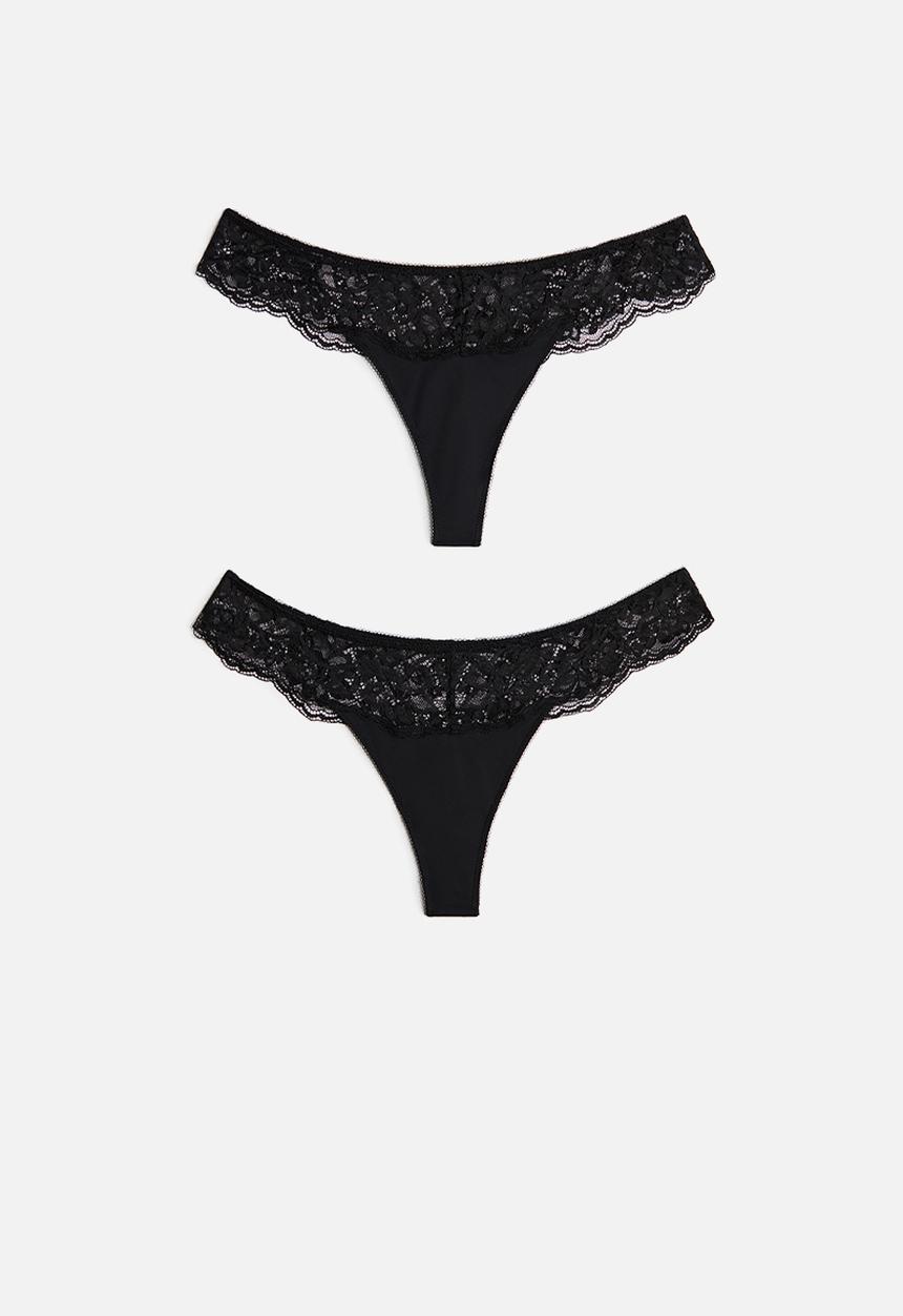 H&M - 2-pack microfibre and lace thong briefs - black