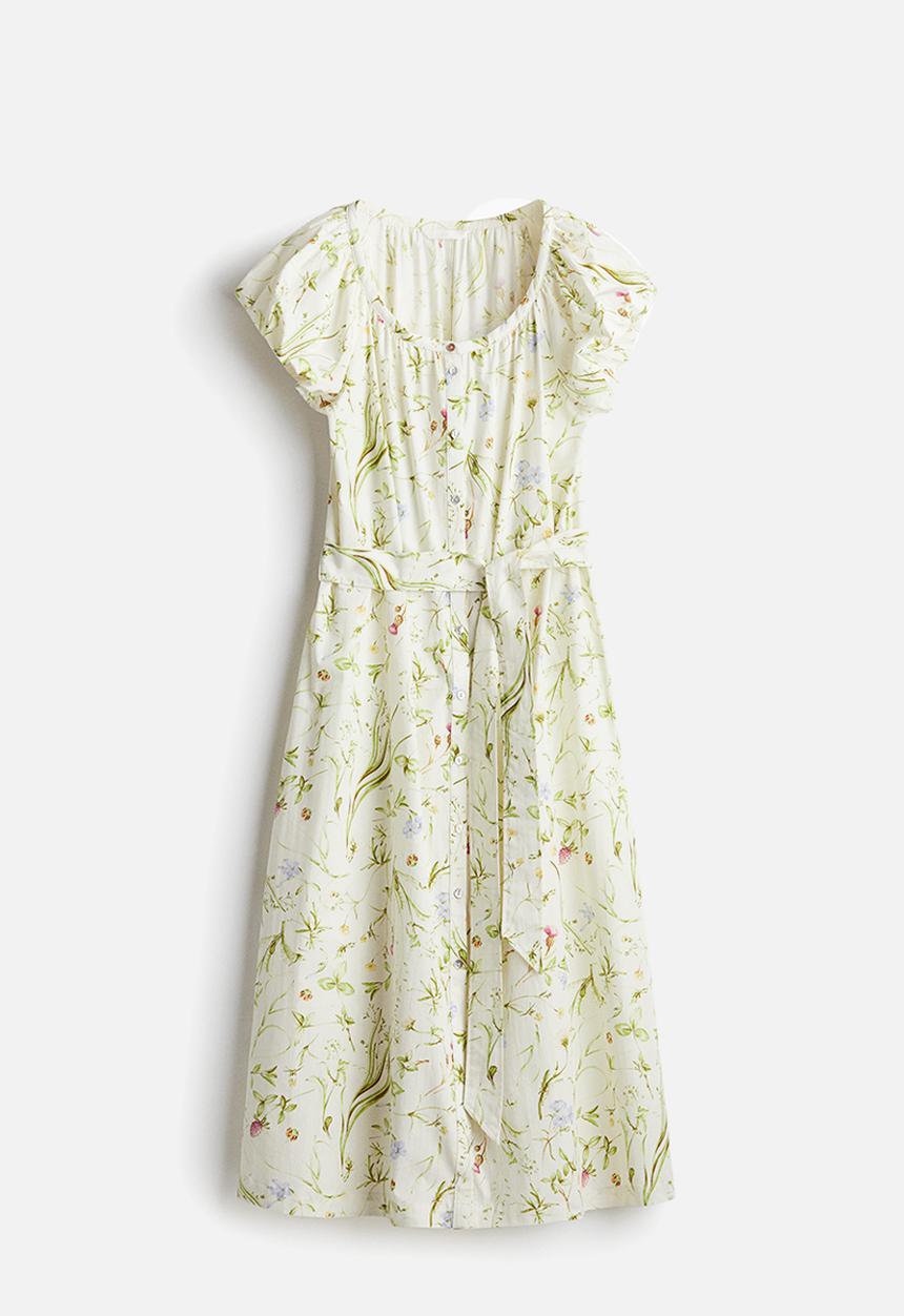H&M - Puff-sleeved poplin dress - white/floral 