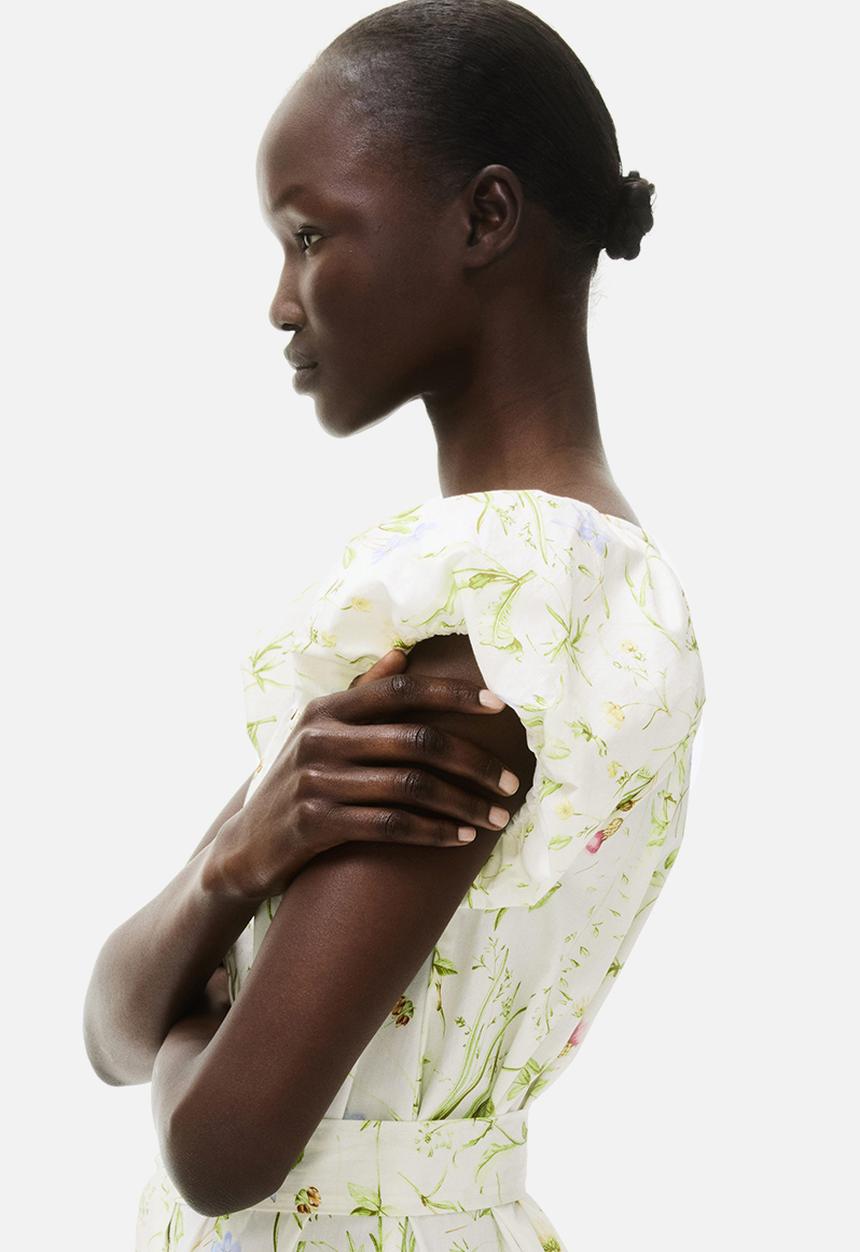 H&M - Puff-sleeved poplin dress - white/floral 